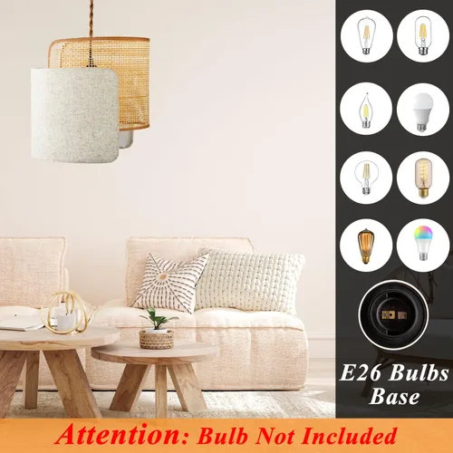 Vista 3 de Lámpara colgante boho con enchufe, lámpara de araña boho regulable sin escalones con pantalla tejida de bambú y lino, lámpara colgante enchufable