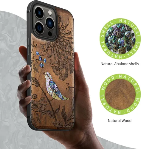 Vista 2 de Carveit Funda protectora de madera de diseñador para iPhone 13 Pro (grabado de madera e incrustaciones de concha) compatible con 13 Pro MagSafe
