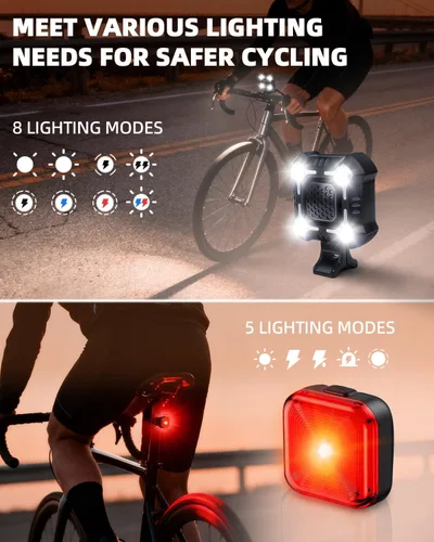 Vista 4 de WSDCAM Bocina de bicicleta de 140 dB con luz delantera y trasera, interruptor de control de campana de bicicleta 2 en 1, luz LED, recargable a