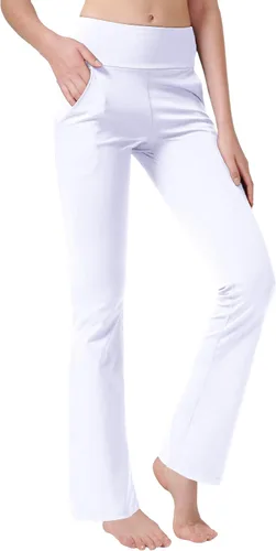 Vista 2 de nuveti Pantalones de yoga de cintura alta para mujer, con corte de bota, 4 bolsillos, pantalones de entrenamiento con control de abdomen, pantalones