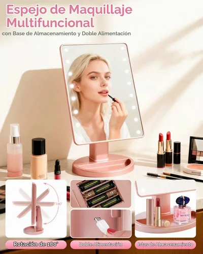 Vista 7 de Espejo de maquillaje iluminado con luces, espejo de tocador con luces, 16 luces LED, espejo de escritorio regulable con luz, fuente de alimentación