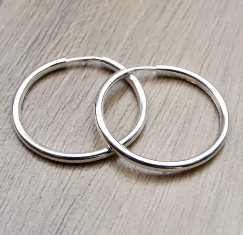 Vista 4 de Hoop Earrings 20 mm Sterling Silver 925 Pair Sleeping Endless Wire Plain Round Handmade Jewelry
