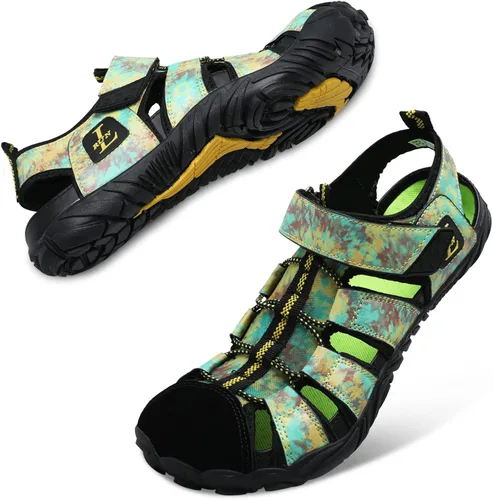 Vista 2 de JIASUQI Sandalias deportivas de verano, para surf, piscina, playa, senderismo, agua, para mujeres, hombres, negro, amarillo, 12 mujeres11 hombres