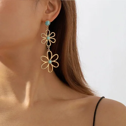 Vista 3 de Aretes colgantes de flores turquesas para mujer, con borla larga, margarita, flor de cerezo, piedra natal azul, colgante, bohemios, ligeros, regalos