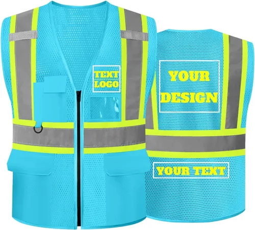 Vista 4 de Chaleco de seguridad reflectante de malla con logotipo personalizado Clase 2 con 5 bolsillos y cremallera