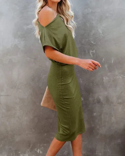 Vista 5 de Ezbelle Vestido por debajo de la rodilla, ajustado, para mujer, con hombro descubierto y manga corta, vestido acanalado informal y de fiesta