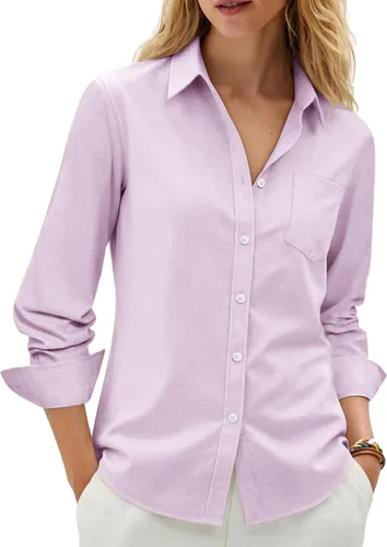 Vista 11 de siliteelon Camisas con botones para mujer, camisa Oxford de algodón, camisa de vestir de manga larga, blusas de trabajo con bolsillo