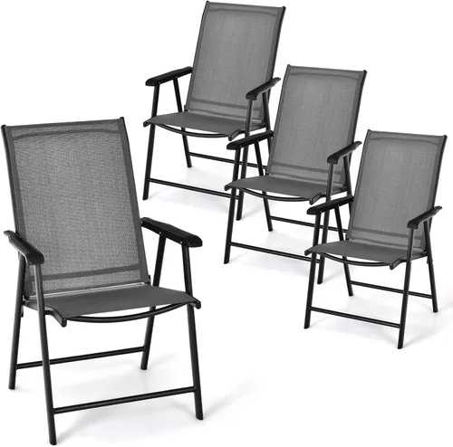 Vista 11 de Tangkula Juego de 2 sillas plegables para patio, sillas de comedor de tela para exteriores con respaldo alto y reposabrazos, marco de metal Negro