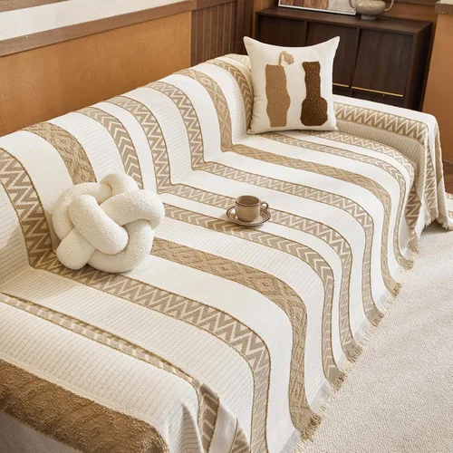 Vista 55 de HANDONTIME Chevron Pattern Couch Cover Vertical Striped Jacquard Sofa Cover Modern Minimalist, Khaki and White, Sofa Covers Washable, Pet Friendly