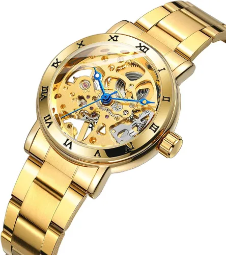 Vista 2 de SENRUD Reloj mecánico de viento para mujer, correa de acero completa, impermeable, esqueleto de moda, reloj de pulsera para mujer