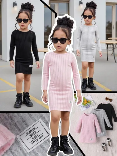 Vista 2 de Vestidos para niñas, Juego de 3 vestidos para niñas pequeñas de manga larga de color sólido, elegantes y casuales, con diseño acanalado, talla 2-8