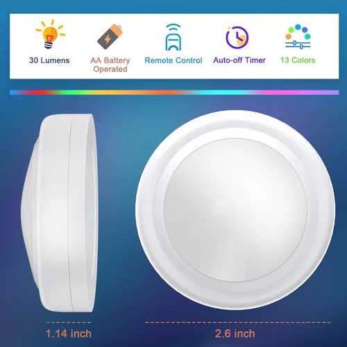 Vista 2 de Luces de disco con control remoto, 13 colores intercambiables, luces LED de disco con pilas, regulables, para debajo del gabinete, con 1 control