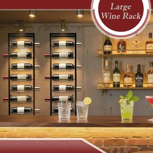 Vista 6 de Estante de pared para vino, soporte para 10 botellas de vino de metal negro para pared, organizador de almacenamiento de botellas de vino, estante