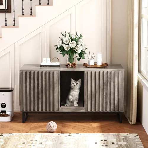 Vista 10 de Halitaa Caja de Arena para Gatos, Mueble Moderno de Caja de Arena para Gatos Caja de Arena Oculta con Almohadilla para Rascar, Mesa Auxiliar Casa