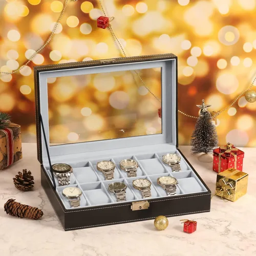 Vista 3 de Caja de reloj con 12 ranuras para reloj, organizador con parte superior de cristal, caja de almacenamiento de reloj negra para hombres y mujeres