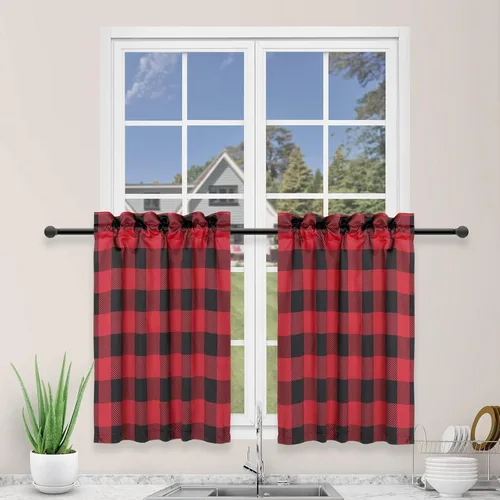 Vista 16 de Simple Deluxe 2 cortinas de cocina a cuadros de búfalo, cortinas cortas a cuadros para ventanas de media cafetería, 26 pulgadas de ancho x 36 Negro