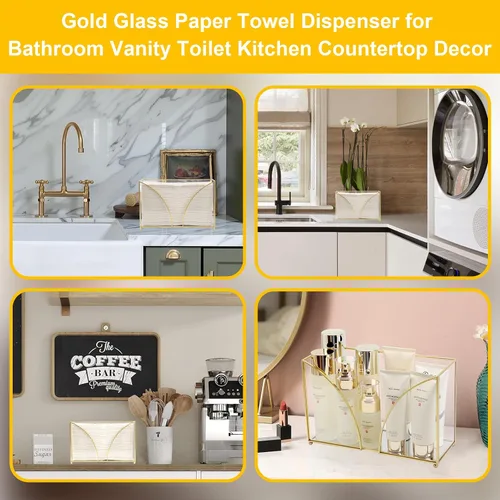 Vista 9 de Dispensador de toallas de papel de cristal dorado multipliegue, dispensador de toallas de papel de baño con pies, elegante soporte para toallas