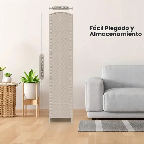 Vista 7 de Divisor de habitación plegable, pantalla de privacidad de madera, 4 paneles, beige
