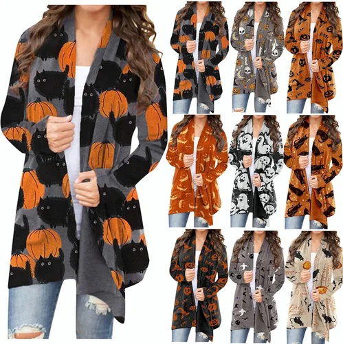Vista 6 de kinstell Cárdigan de manga larga para mujer, diseño de calabaza, animal, gato negro, fantasma, abrigo ligero