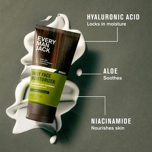 Vista 6 de Every Man Jack Loción facial diaria para hombres, hidrata profundamente y revive la piel seca y cansada con ácido hialurónico, aloe vera