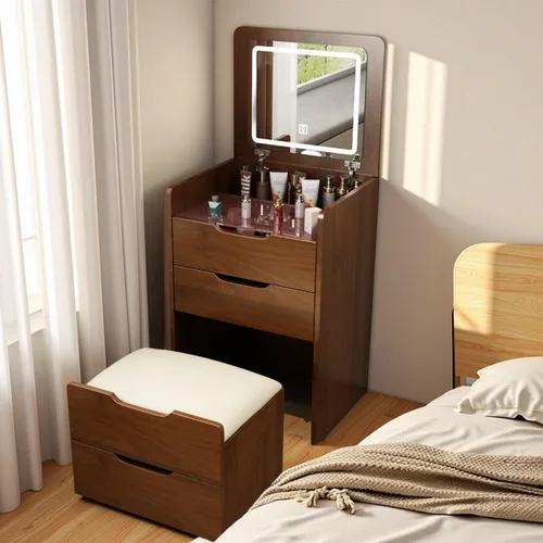 Vista 22 de Montary Mesa de tocador de maquillaje de 39 pulgadas con espejo iluminado con pantalla táctil, tocador de madera de goma con cajón grande