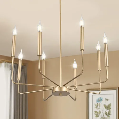 Vista 14 de WOKNOS Candelabros modernos negros de granja, 8 luces industriales de metal, lámparas colgantes clásicas para cocina, dormitorio, comedor, sala