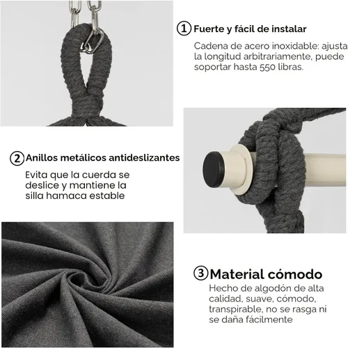 Vista 3 de Y- STOP Silla Hamaca Colgante Columpio de Cuerda, Máximo 500 Libras, 2 Cojines Incluidos, Silla Colgante Grande de Macramé con Bolsillo, Tejido