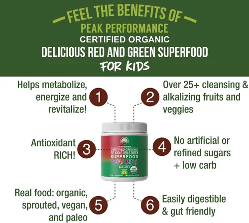 Vista 2 de Kids Greens and Reds Superfood Powder – Jugo orgánico vegano súper alimenticio con más de 25 frutas y verduras – Vitaminas de alimentos reales sin