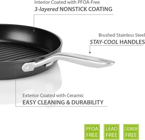 Vista 5 de TECHEF - Onyx Collection, sartén de 12 pulgadas para estufa, sartén antiadherente para cocina de interior, sin PFOA, aluminio resistente, fabricado