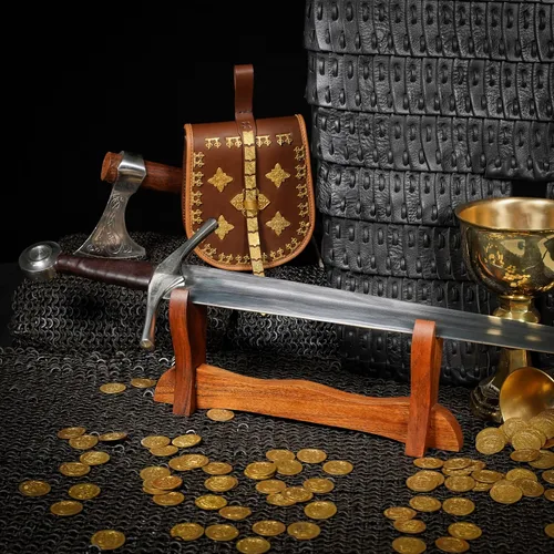 Vista 4 de Mythrojan Soporte de espada medieval de madera maciza horizontal para katana, samurái, gladiador, espadas cruzadas, soporte de mesa elegante, 1 nivel