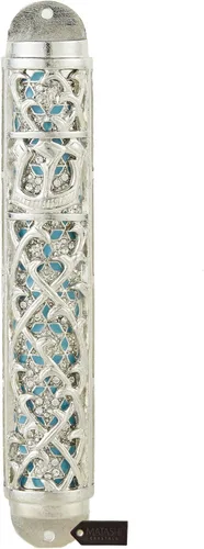 Vista 13 de Matashi Mezuzah para puerta con pergamino, pintado a mano esmalte azul Arca de Noé Mezuzah caso con jirafas, elefante y espinilla hebrea, decoración