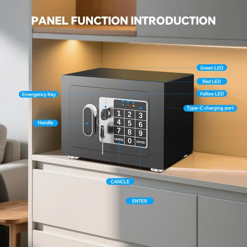 Vista 5 de Caja fuerte pequeña para el hogar, 6.7 pulgadas de profundidad x 9 pulgadas de ancho x 6.7 pulgadas de alto, caja de seguridad electrónica con Negro