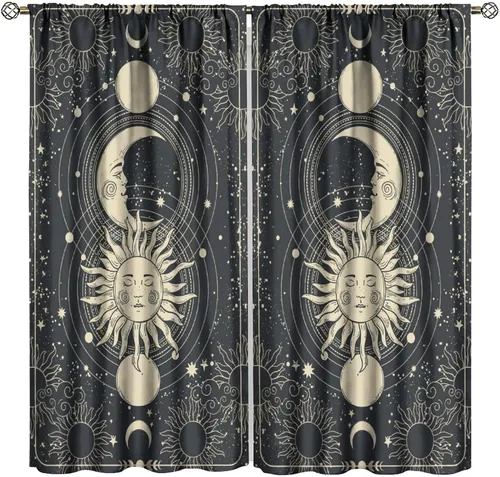 Vista 13 de Cortinas opacas con diseño de sol y luna, cuerpos celestes bohemios, con diseño de sol, luna y estrellas, para sala de estar, dormitorio, 42 x 45