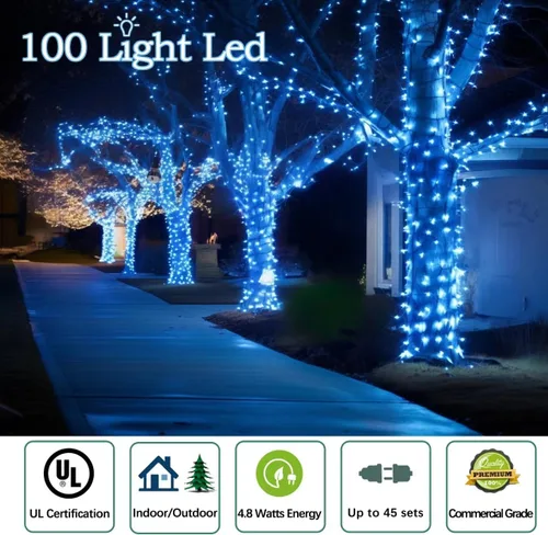 Vista 5 de Luces LED de Navidad Aqua de 50 pies, 100 unidades - Exteriores, Grado Comercial, Impermeable, Cable Verde, Navidad, IP65, UL Listado