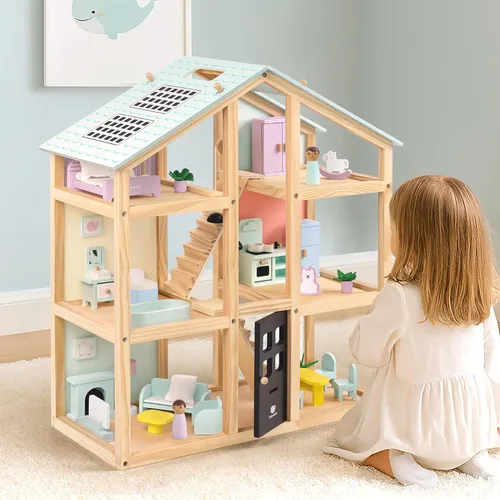 Vista 8 de Pillowhale - Casa de muñecas de madera, moderna casa de muñecas con accesorios para muebles Rosa