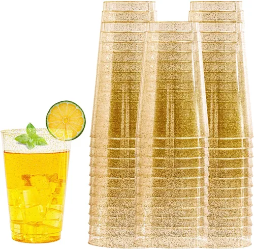 Vista 9 de I00000 Paquete de 100 vasos de plástico dorados de 14 onzas, vasos desechables de plástico con purpurina dorada, copas de vino desechables, copas