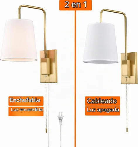 Vista 4 de Juego de Dos Apliques de Pared, Apliques de Pared con Pantalla de Tela Dorada para Dormitorio con Enchufe, Juego de 2