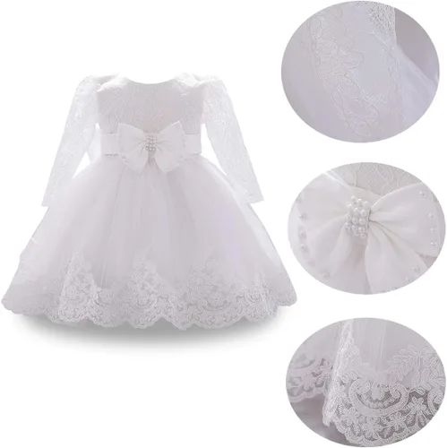 Vista 4 de HIHCBF Vestido de bautizo con tutú de encaje de manga larga con lazo para bebé, 1er cumpleaños, para boda, bautizo, tutú