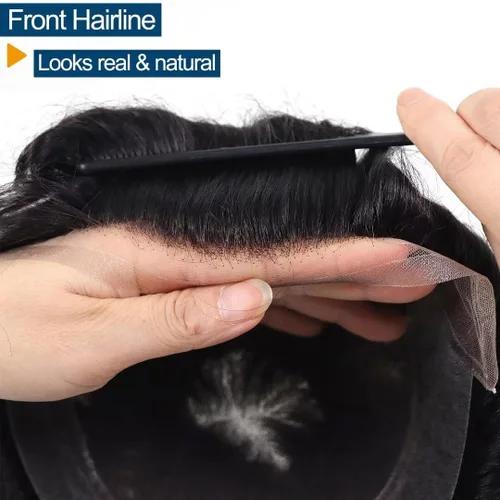 Vista 3 de HAPPY&CC Toupee - Sistema de reemplazo de cabello humano real para hombre, transpirable, piel fina, encaje suizo, densidad media de luz