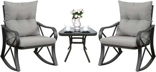 Vista 9 de COSIEST Juego de 3 sillas mecedoras para exteriores, muebles de patio de ratán para todo tipo de clima con 2 sillas, mesa de centro y cojines