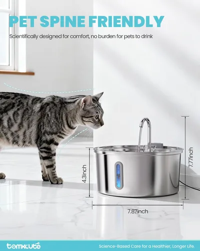 Vista 5 de Fuente de agua para gatos de acero inoxidable, fuente de agua de gran capacidad para beber, fuente de agua de metal ultra silenciosa para gatos