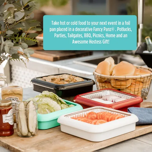 Vista 3 de Fancy Panz - Portasartén de papel de aluminio Aqua de 8x8 pulgadas con tapa - Bandeja de servicio de alimentos elevada - Portasartén portátil