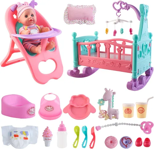 Vista 9 de deAO Conjunto de Muñeca Bebé Negra - Móvil, Silla Alta, Cochecito y Accesorios de Alimentación - Juego de 21 Piezas (Muñeca Incluida) 21 PCS Baby