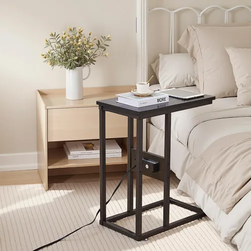 Vista 7 de VECELO Mesa auxiliar en forma de C con estación de carga y 2 puertos USB y salidas para sala de estar, dormitorio, con patas ajustables para sofá