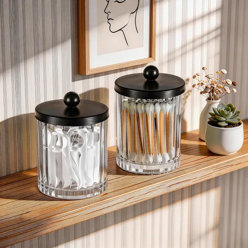 Vista 7 de Amolliar Dispensador de soporte Qtip, tarros de boticario de vidrio Transparente-Negro