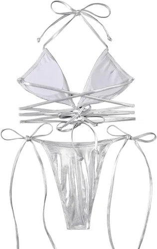 Vista 2 de SweatyRocks Traje de baño metálico de dos piezas con encaje triangular para mujer