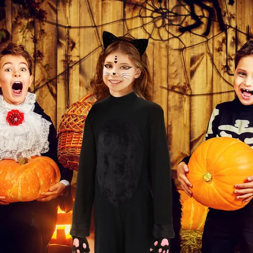 Vista 7 de Ramede Disfraz de gato de Halloween para niñas y niños de 7 a 12 años, disfraz de gato negro para niños con guantes, diadema, cola de gato