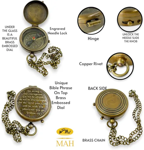 Vista 6 de Bible Verse Brass Compass – “Be Strong and Courageous” (Joshua 1:9) Christian Gift for Graduation, Baptism, Confirmation – Religious Keepsake for