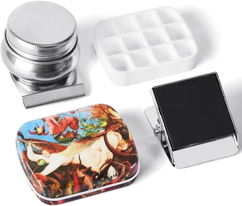 Vista 9 de Caja de estuche de acuarela portátil de mini lata de 12 pozos vacía con bandeja de mezcla de pintura es un pequeño kit de almacenamiento para viajes