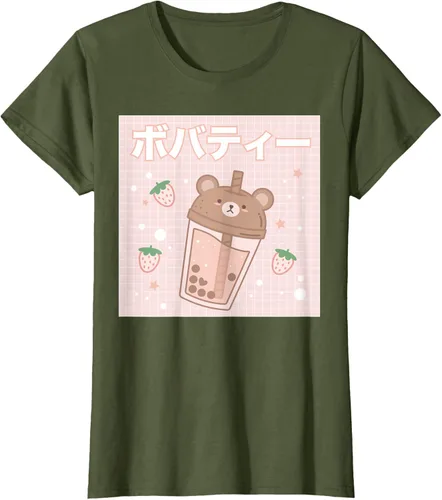 Vista 60 de Camiseta estética Kawaii con diseño de oso lindo y té con leche burbuja, talla S Blanco